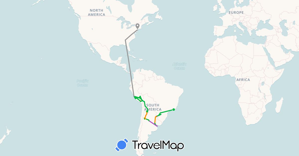 TravelMap itinerary: driving, bus, plane, train, hiking, boat, hitchhiking in Argentina, Bolivia, Brazil, Peru, United States (North America, South America)